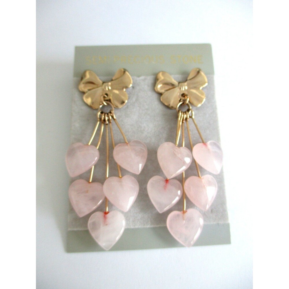 Vintage 80's Heart Shape Pink Rose Quartz Gold Bow Stone Drop Dangle Earrings
